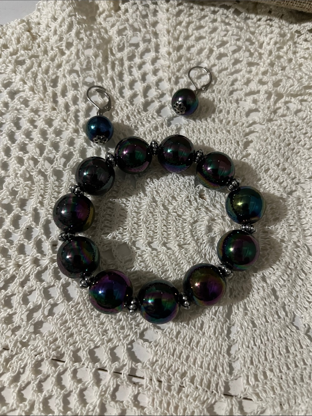 Iridescent Black Pearl Stretch Bracelet with Matching Earrings